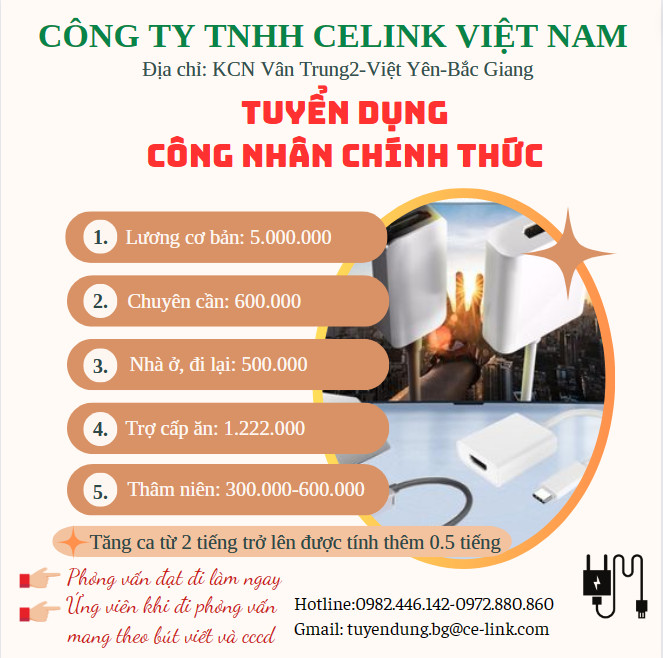 Công ty TNHH Celink Việt Nam thông báo tuyển dụng công nhân