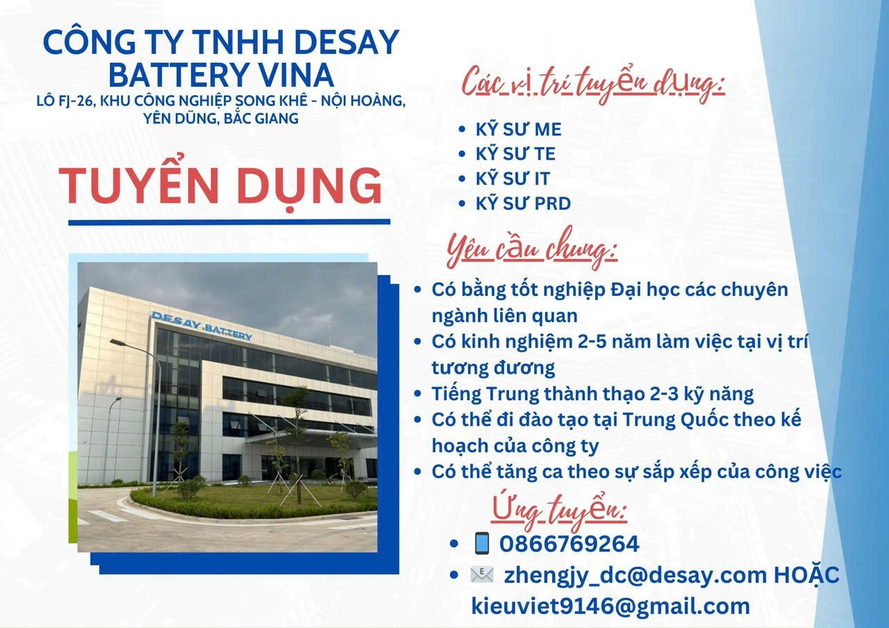 Công ty TNHH Desay Battery Vina thông báo tuyển dụng kỹ sư