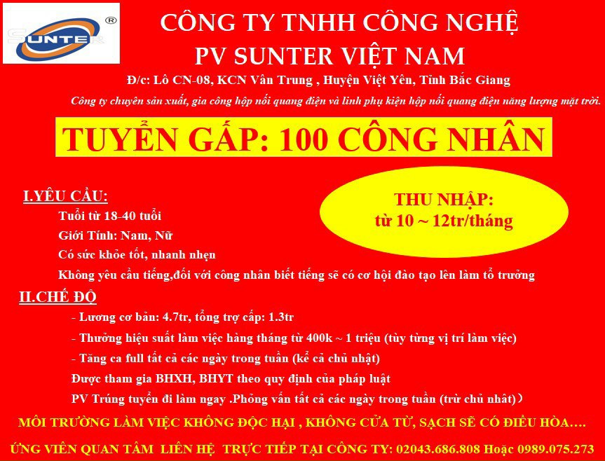 Công ty TNHH Công nghệ PV Sunter Việt Nam thông báo tuyển dụng 100 công nhân