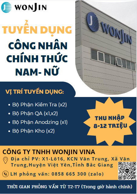 Công ty TNHH Wonjin Vina thông báo tuyển dụng nhân sự