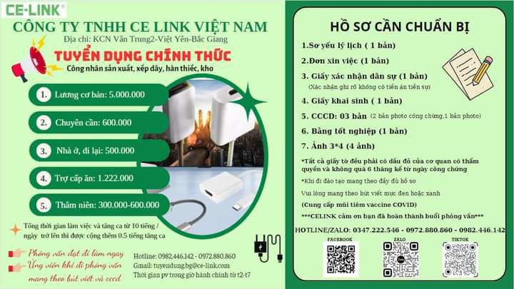 Công ty TNHH Celink Việt Nam thông báo tuyển dụng công nhân sản xuất, xếp dây, hành thiếc, kho