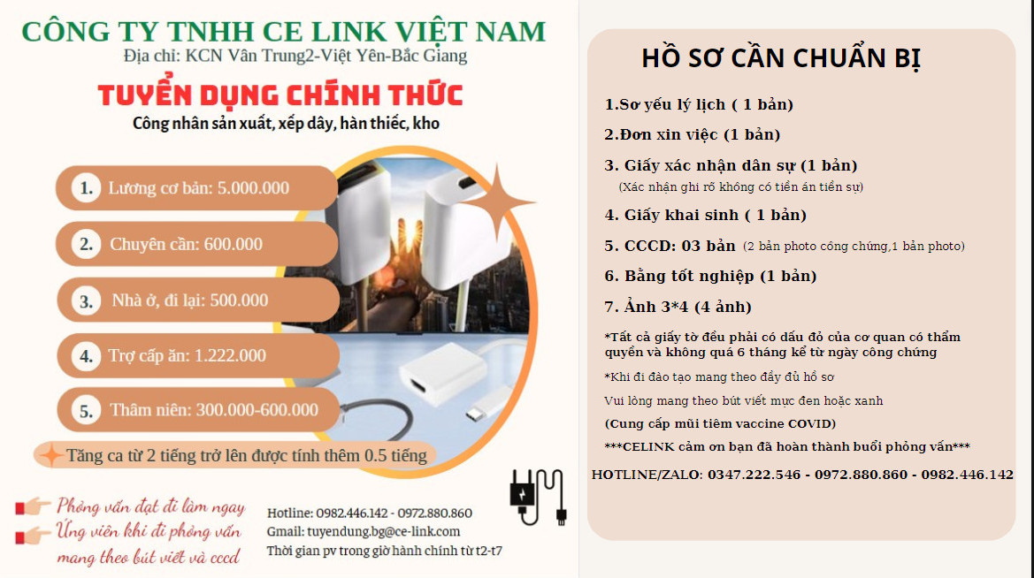 Công ty TNHH Celink Việt Nam thông báo tuyển dụng công nhân sản xuất, xếp dây, hàn thiếc, kho