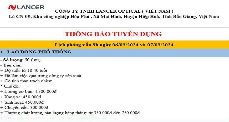 Công ty TNHH Lancer Optical (Việt Nam) thông báo tuyển dụng lao động phổ thông