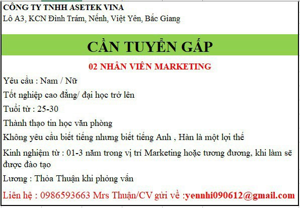 Công ty TNHH Asetek Vina thông báo tuyển dụng 02 nhân viên Marketing