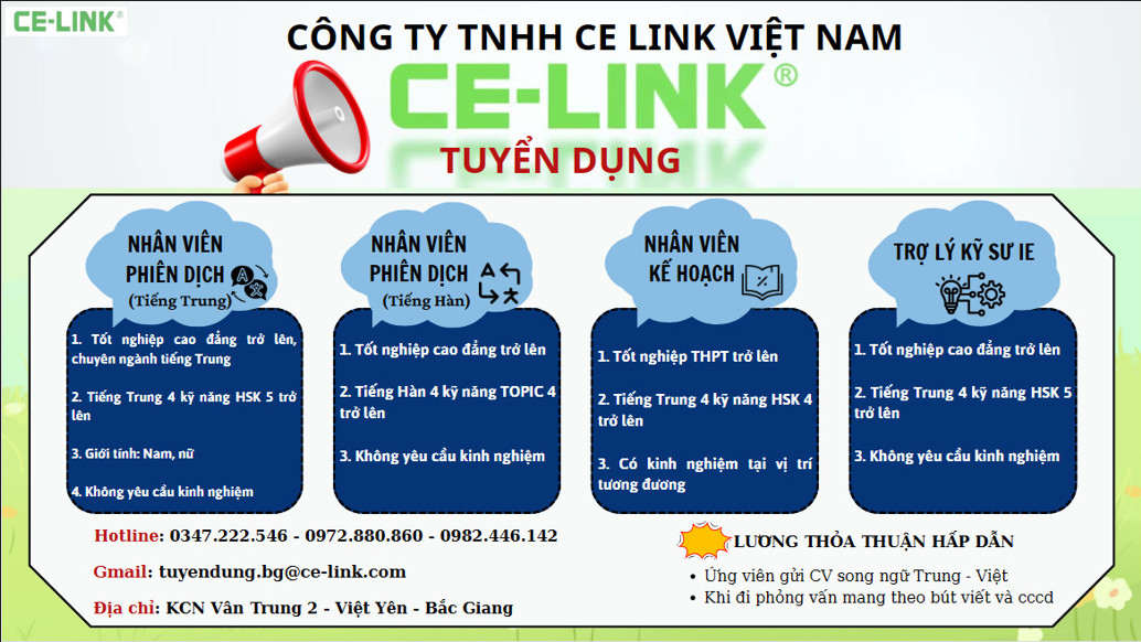 Công ty TNHH Celink Việt Nam thông báo tuyển dụng nhân viên phiên dịch tiếng Trung, tiếng Hàn và...